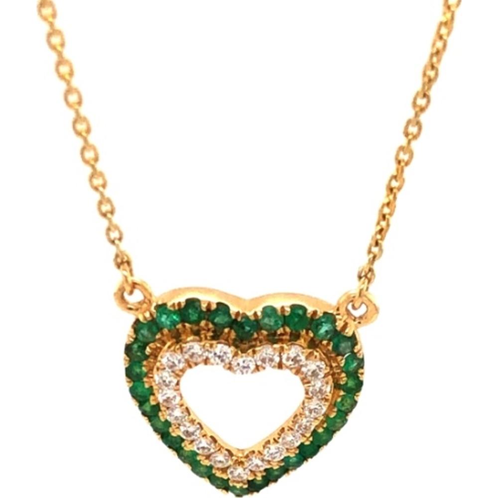 18K Yellow Gold Open Heart Necklace with Emerald and Diamond Accents by Afarin
