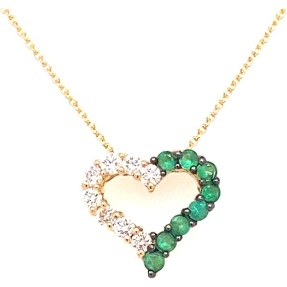 18K Yellow Gold Open Heart Necklace with Round Emeralds and Diamonds by Afarin
