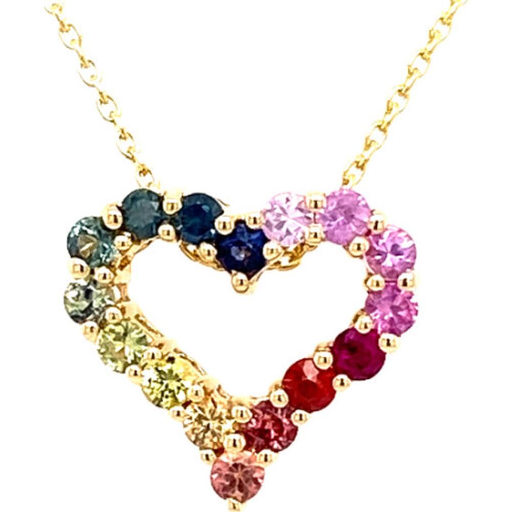 18K Yellow Gold Open Heart Necklace with Round Multi-Color Sapphires by Afarin
