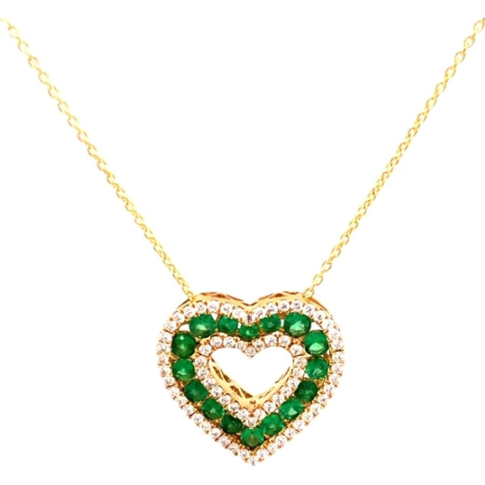 18K Yellow Gold Open Heart Pendant Necklace with Emeralds and Diamonds by Afarin