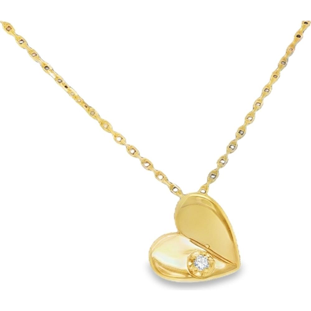18K Yellow Gold Open Heart Pendant Necklace with Round Diamond Accent by Afarin