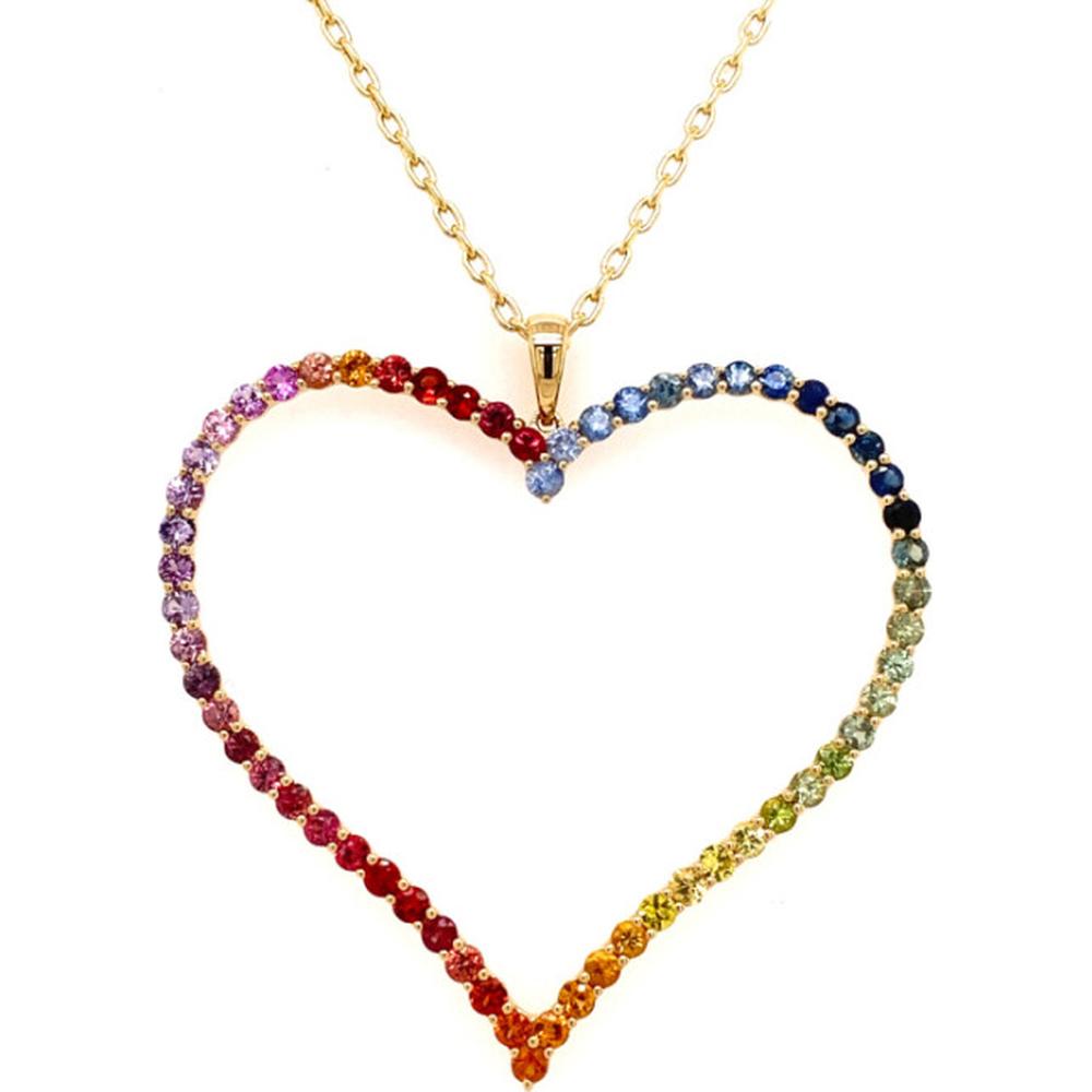 18K Yellow Gold Open Heart Pendant Necklace with Round Multi-Color Sapphires by Afarin