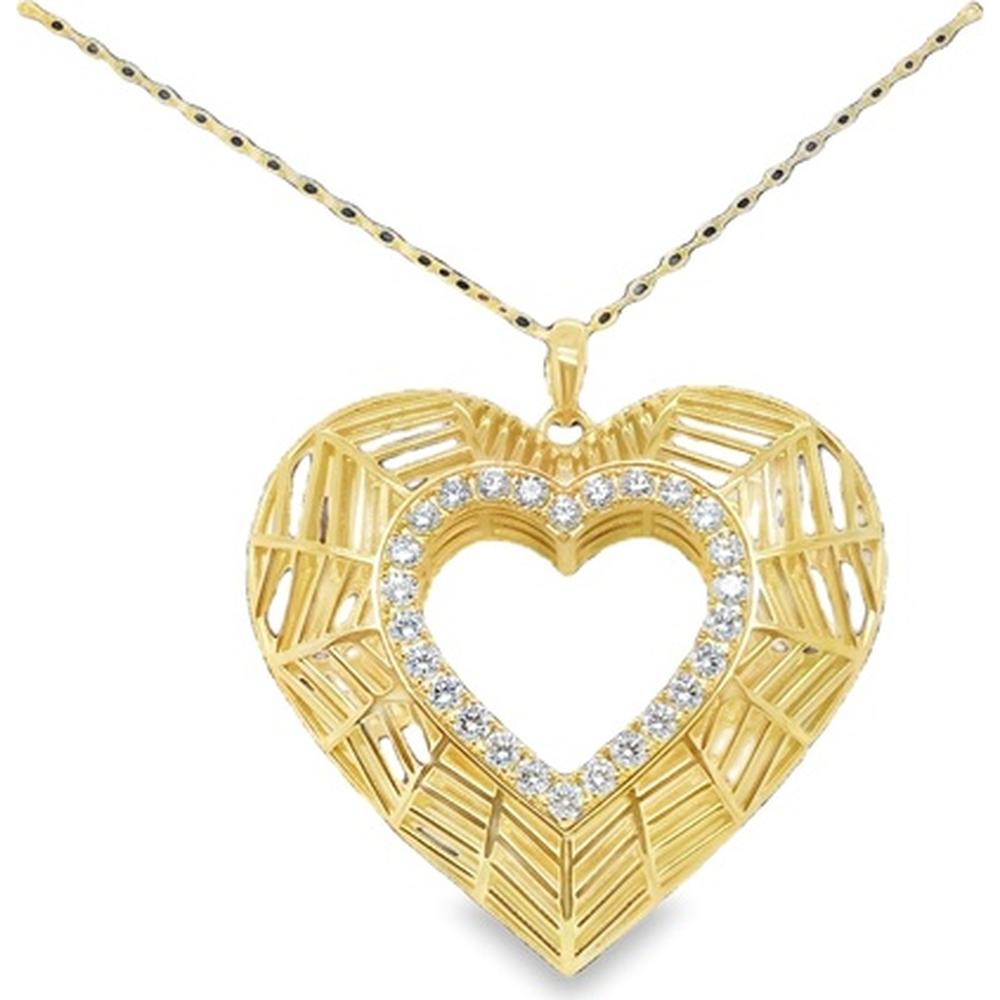 18K Yellow Gold Open Heart Pendant with Round Diamonds and Sculpted Openwork Design by Afarin