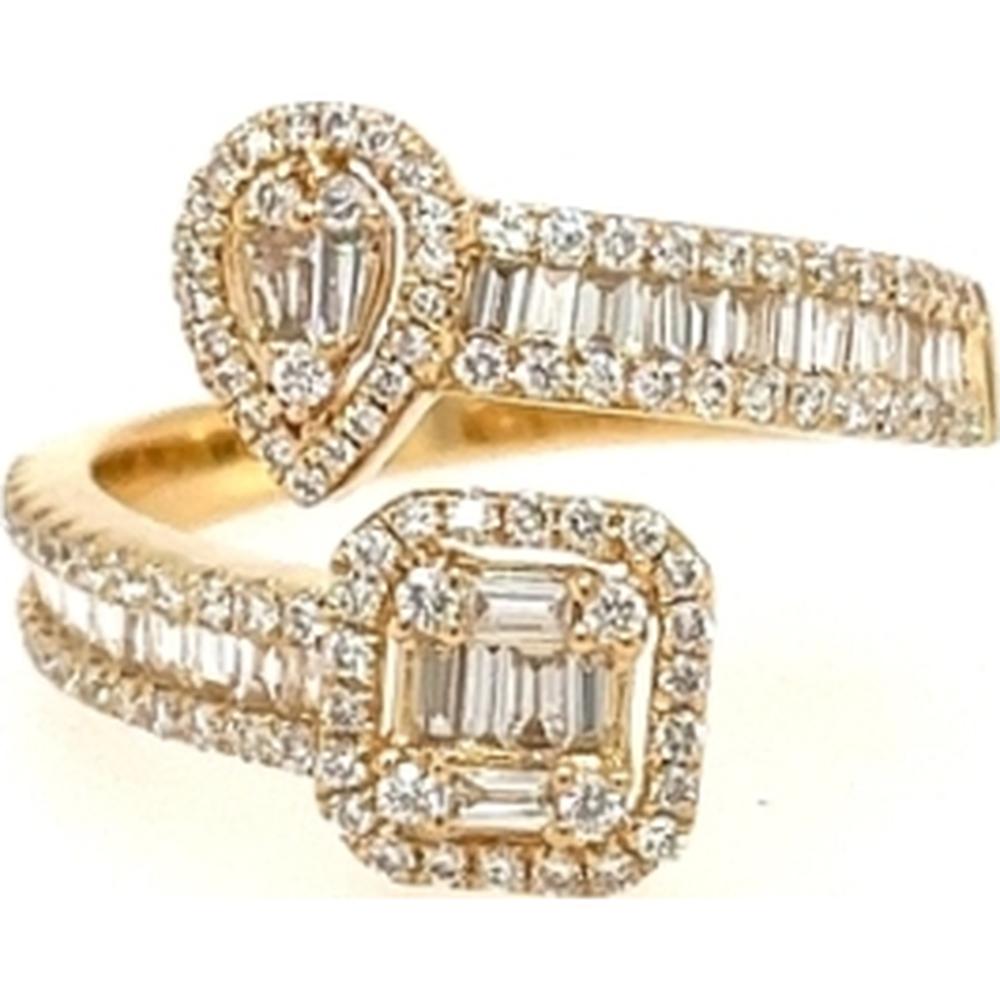 18K Yellow Gold Open Wrap Ring with Pear Shape and Emerald Cut Diamond Halos by Afarin