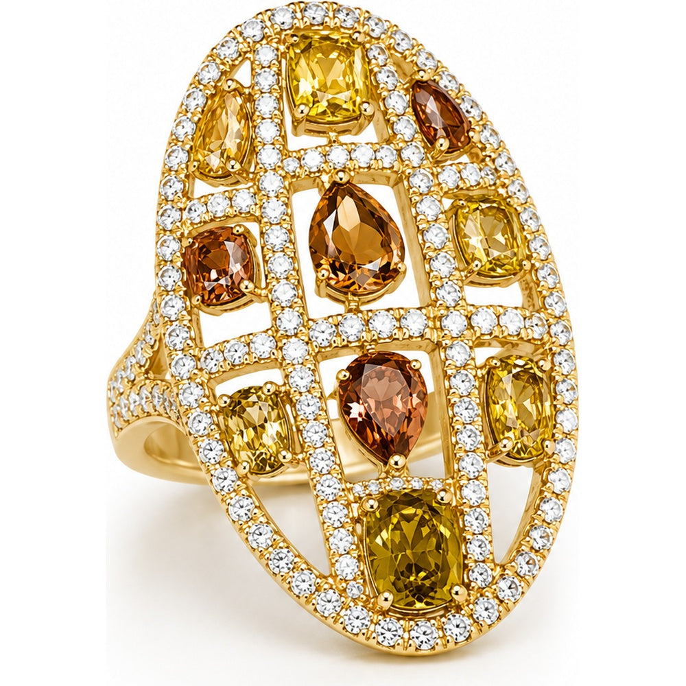 18K Yellow Gold Openwork Fashion Ring with Pear and Oval Fancy Color Diamonds and Round Diamonds - 1.80 Carat Total Diamond Weight and 1.78 Carat Total Fancy Color Diamond Weight by Auriventus