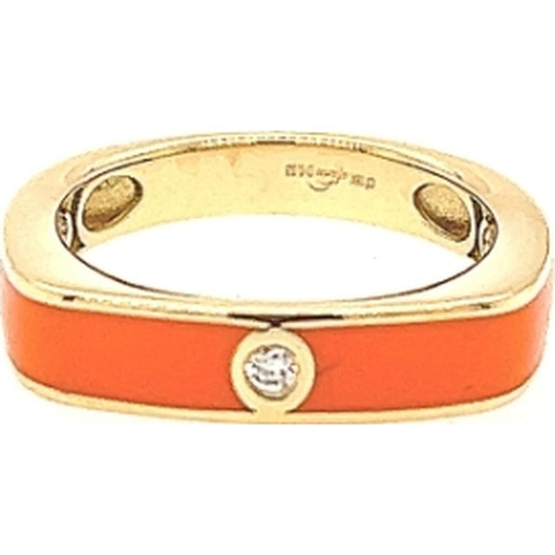18K Yellow Gold Orange Enamel Band Ring with Round Diamond Accent by A ...