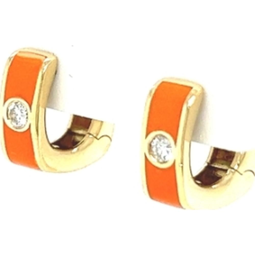 18K Yellow Gold Orange Enamel Huggie Earrings with Round Diamond Accents by Afarin