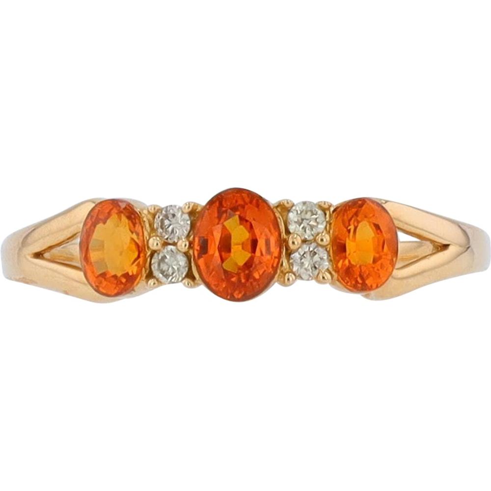18K Yellow Gold Orange Sapphire Three Stone Band with Diamond Accents - 0.70 Carats Total Carats Weight