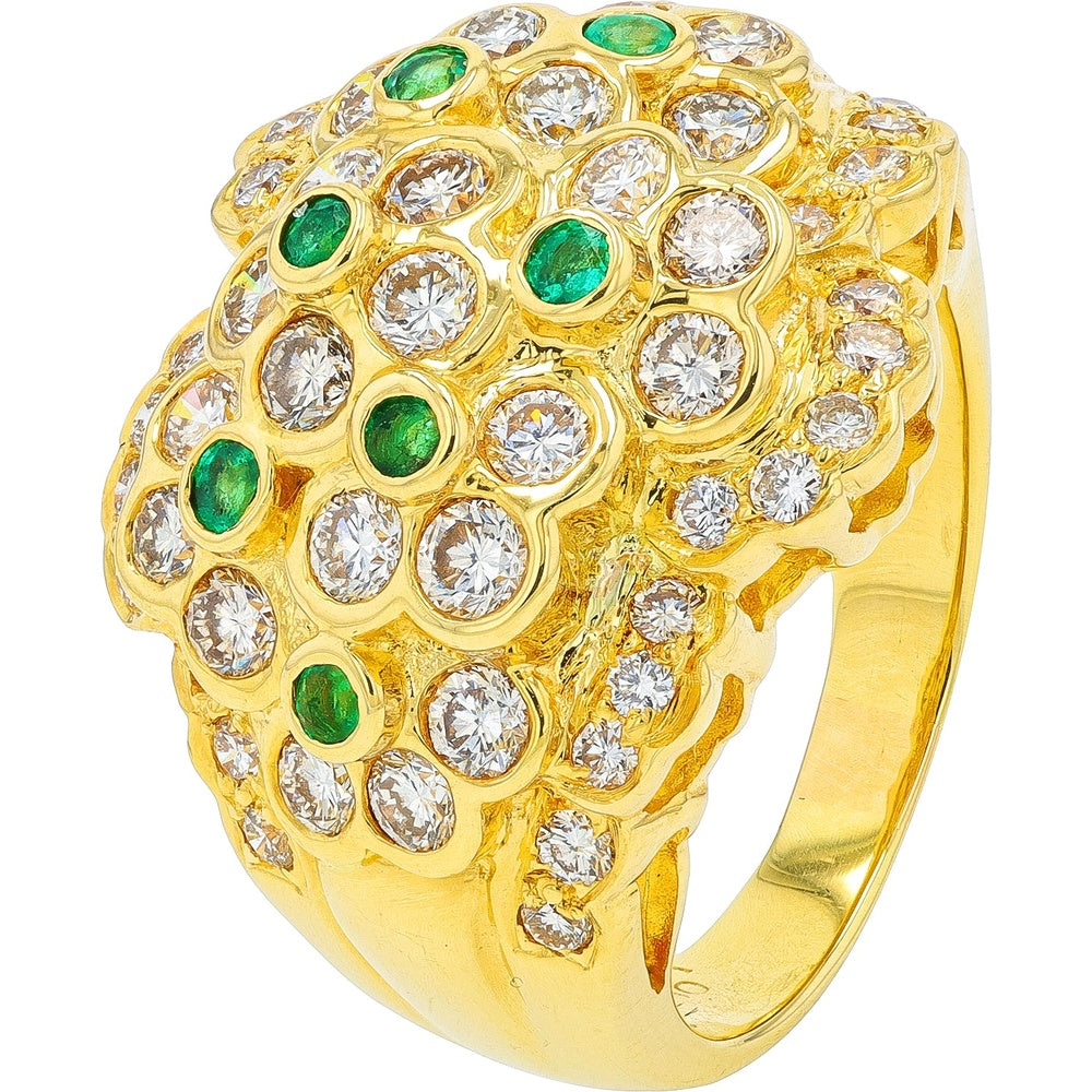18K Yellow Gold Organic Cluster Ring with 0.31 Carat Round Emeralds and 2.00 Carat Round Diamonds - Size 7.5