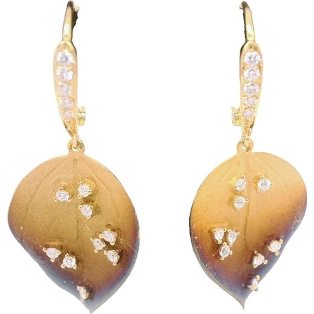 18K Yellow Gold Organic Leaf Drop Earrings with Diamond Accents by Afarin