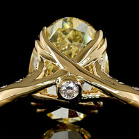 18K Yellow Gold Oval Cut Fancy Vivid Yellow Diamond Solitaire Shank Ring - 4.84 Carat Total Diamond Weight with 18 Round Brilliant Accents - Covaloro Fine Jewelry