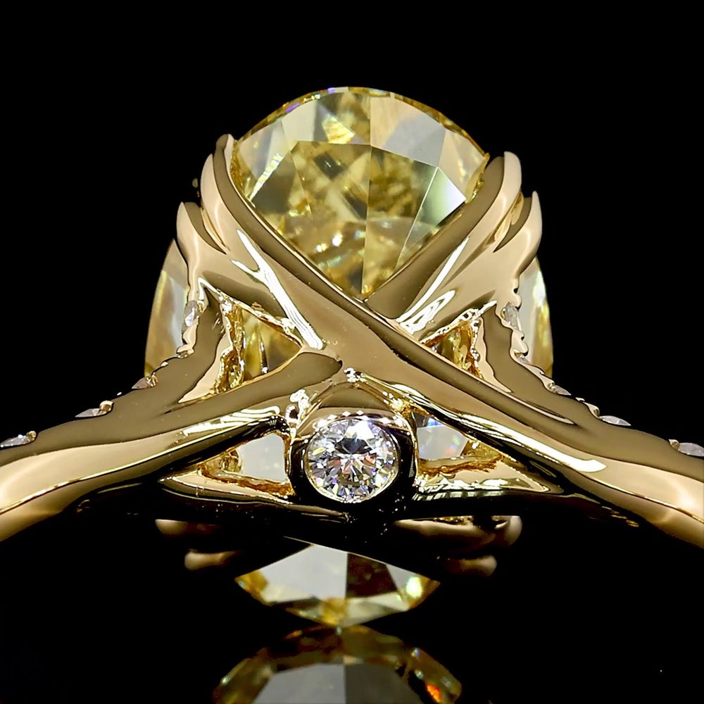 18K Yellow Gold Oval Cut Fancy Vivid Yellow Diamond Solitaire Shank Ring - 4.84 Carat Total Diamond Weight with 18 Round Brilliant Accents - Covaloro Fine Jewelry