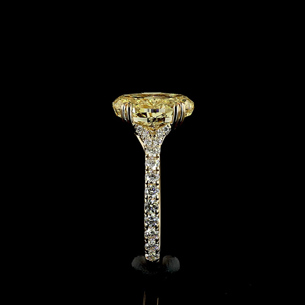 18K Yellow Gold Oval Cut Fancy Vivid Yellow Diamond Solitaire Shank Ring - 4.84 Carat Total Diamond Weight with 18 Round Brilliant Accents - Covaloro Fine Jewelry