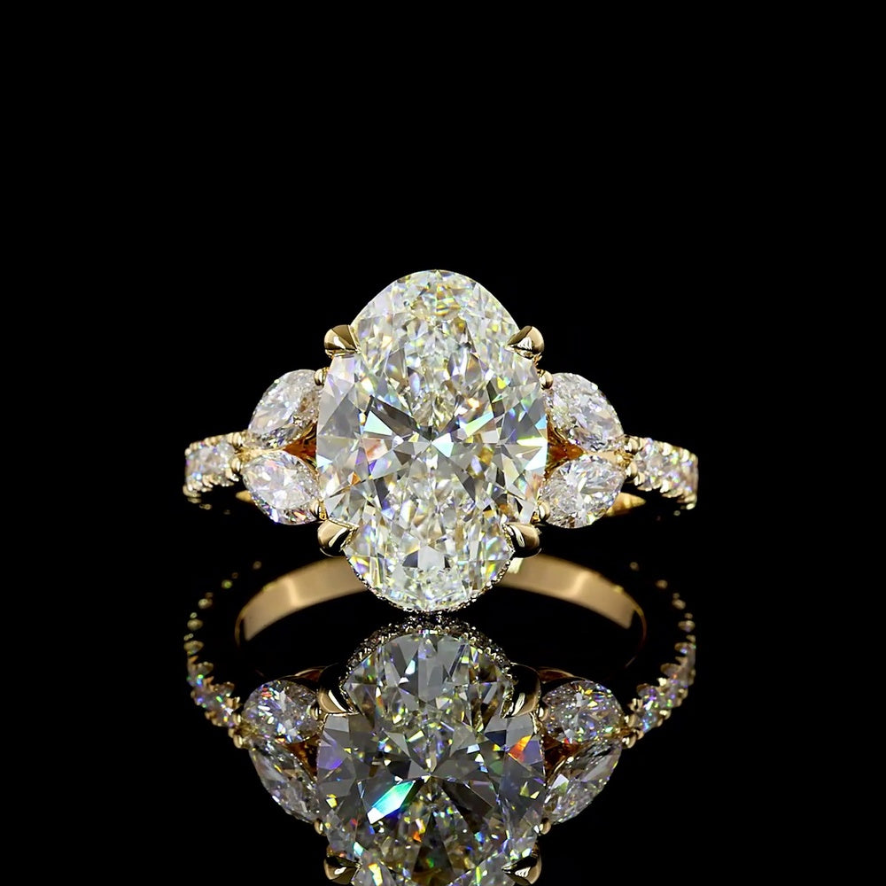 18K Yellow Gold Oval Cut Hidden Halo Ring with Marquise and Round Lab Diamonds - 4.01 Carat Center Stone, 5.07 Total Carat Weight - Covaloro Fine Jewelry