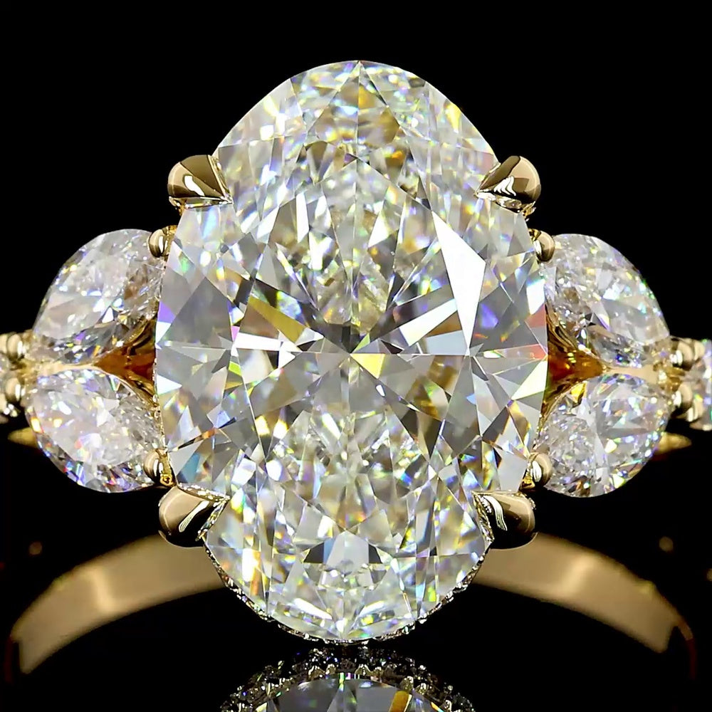 18K Yellow Gold Oval Cut Hidden Halo Ring with Marquise and Round Lab Diamonds - 4.01 Carat Center Stone, 5.07 Total Carat Weight - Covaloro Fine Jewelry