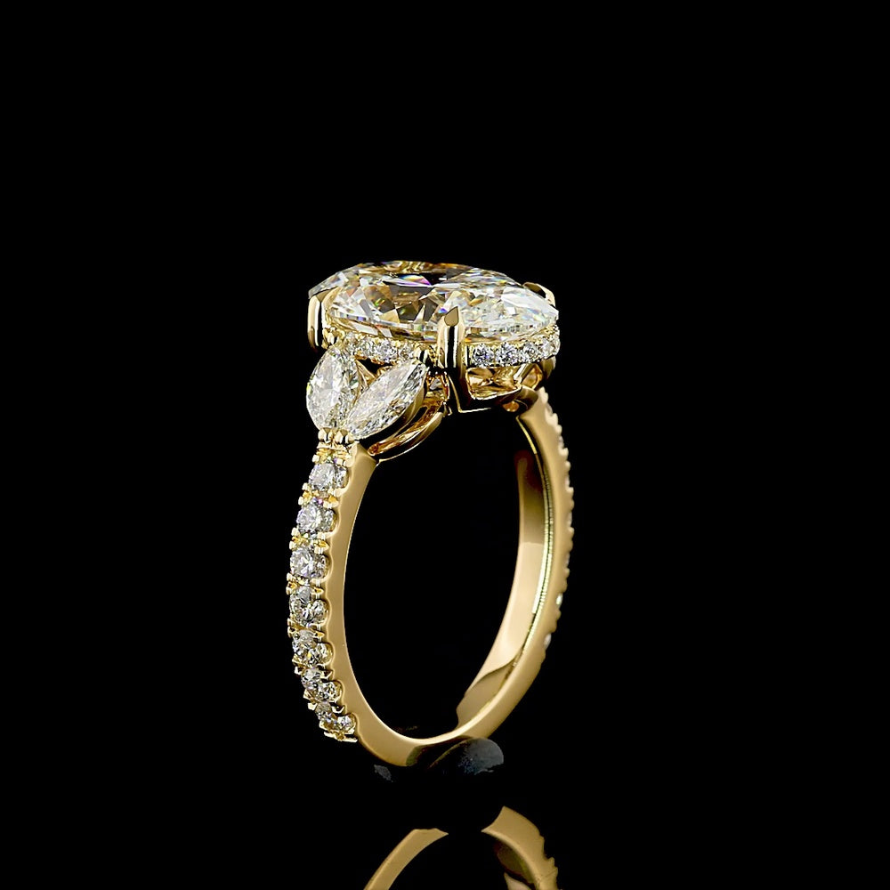 18K Yellow Gold Oval Cut Hidden Halo Ring with Marquise and Round Lab Diamonds - 4.01 Carat Center Stone, 5.07 Total Carat Weight - Covaloro Fine Jewelry