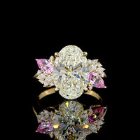 18K Yellow Gold Oval Cut Lab Diamond Ring with Pear Shape Pink Gemstones and Marquise Accents - 4.33 Total Carat Weight - Covaloro Fine Jewelry