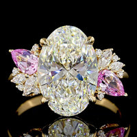 18K Yellow Gold Oval Cut Lab Diamond Ring with Pear Shape Pink Gemstones and Marquise Accents - 4.33 Total Carat Weight - Covaloro Fine Jewelry