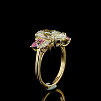 18K Yellow Gold Oval Cut Lab Diamond Ring with Pear Shape Pink Gemstones and Marquise Accents - 4.33 Total Carat Weight - Covaloro Fine Jewelry