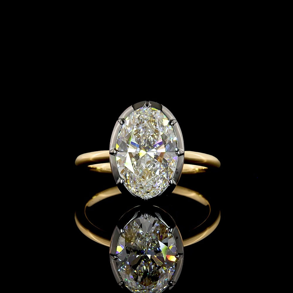 18K Yellow Gold Oval Cut Solitaire Ring with Black Rhodium Prong Bezel Setting - 2.87 Carat Lab Grown Diamond F VS2 IGI Certified - Covaloro Fine Jewelry