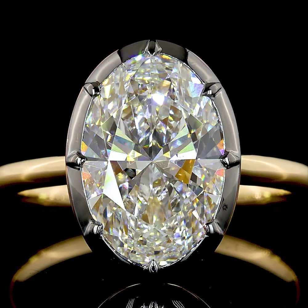 18K Yellow Gold Oval Cut Solitaire Ring with Black Rhodium Prong Bezel Setting - 2.87 Carat Lab Grown Diamond F VS2 IGI Certified - Covaloro Fine Jewelry