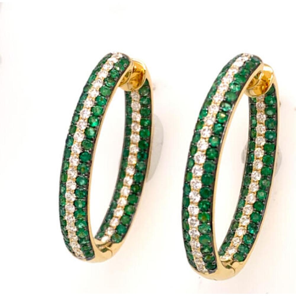18K Yellow Gold Oval Hoop Earrings with Round Emeralds and Diamonds by Afarin