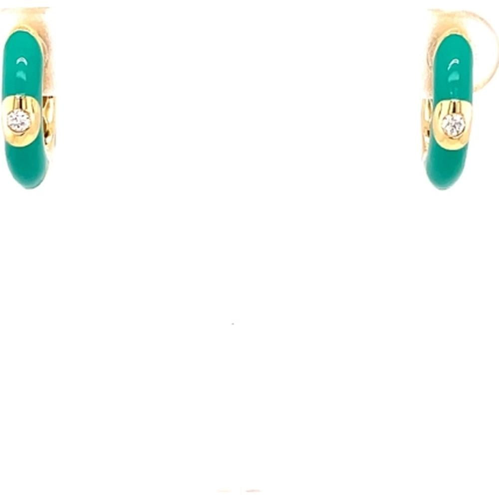 18K Yellow Gold Oval Huggie Earrings with Green Enamel and Round Diamond Accents by Afarin