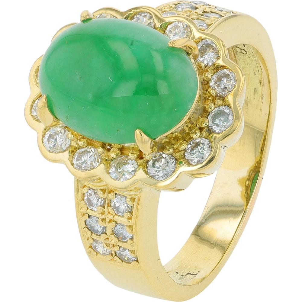 18K Yellow Gold Oval Jade and Diamond Halo Ring - 0.58 Carat Total Diamond Weight