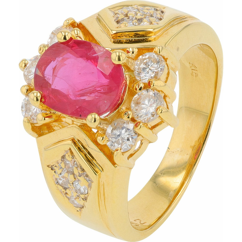 18K Yellow Gold Oval Ruby Ring with Round Diamond Accents - 1.52 Carat Ruby and 0.57 Carat Total Diamond Weight