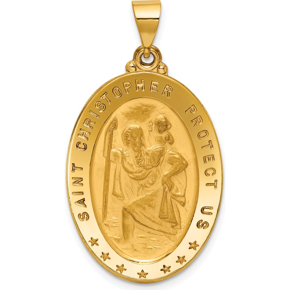 18K Yellow Gold Oval St. Christopher Medal Pendant with Satin and Polished Finish - 37.5mm