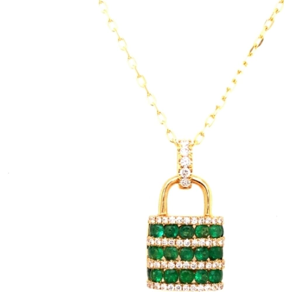 18K Yellow Gold Padlock Pendant Necklace with Round Emeralds and Diamond Accents by Afarin