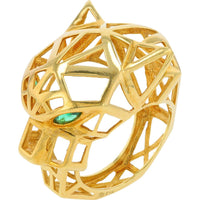 18K Yellow Gold Panther Motif Ring with Emerald Eye and Black Onyx Accents - Size 6