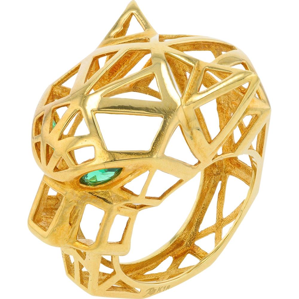 18K Yellow Gold Panther Motif Ring with Emerald Eye and Black Onyx Accents - Size 6