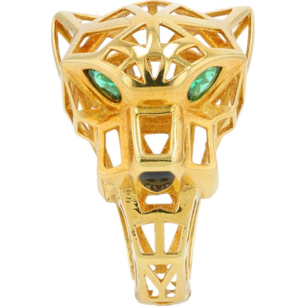 18K Yellow Gold Panther Motif Ring with Emerald Eye and Black Onyx Accents - Size 6
