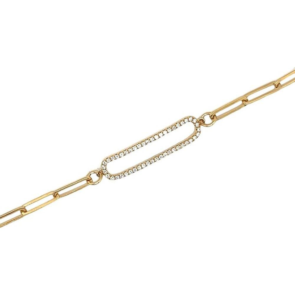 18K Yellow Gold Paperclip Link Bracelet with Pavé Diamond Oval Center by Afarin