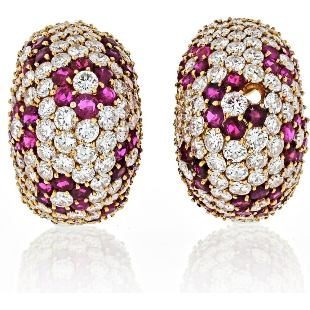 18K Yellow Gold Pave Hoop Earrings with 15 Carats of Diamonds and Rubies