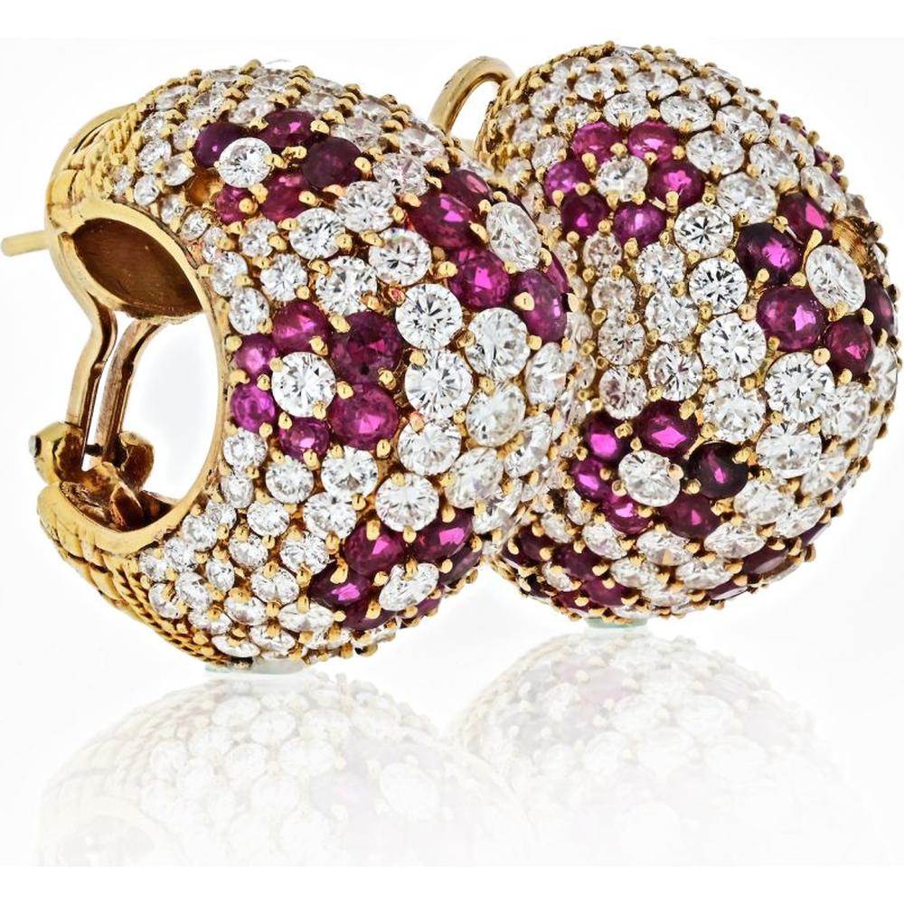 18K Yellow Gold Pave Hoop Earrings with 15 Carats of Diamonds and Rubies