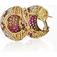 18K Yellow Gold Pave Hoop Earrings with 15 Carats of Diamonds and Rubies