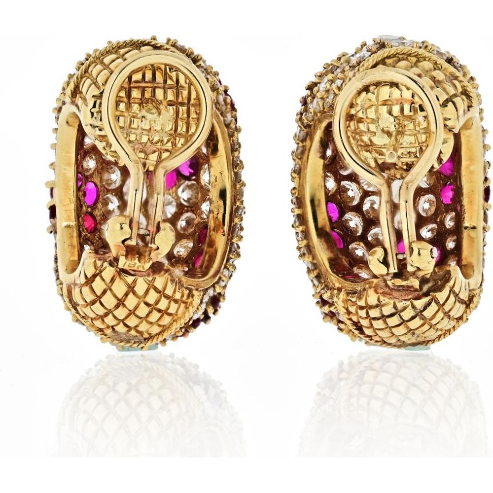 18K Yellow Gold Pave Hoop Earrings with 15 Carats of Diamonds and Rubies