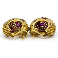 18K Yellow Gold Pave Hoop Earrings with 15 Carats of Diamonds and Rubies
