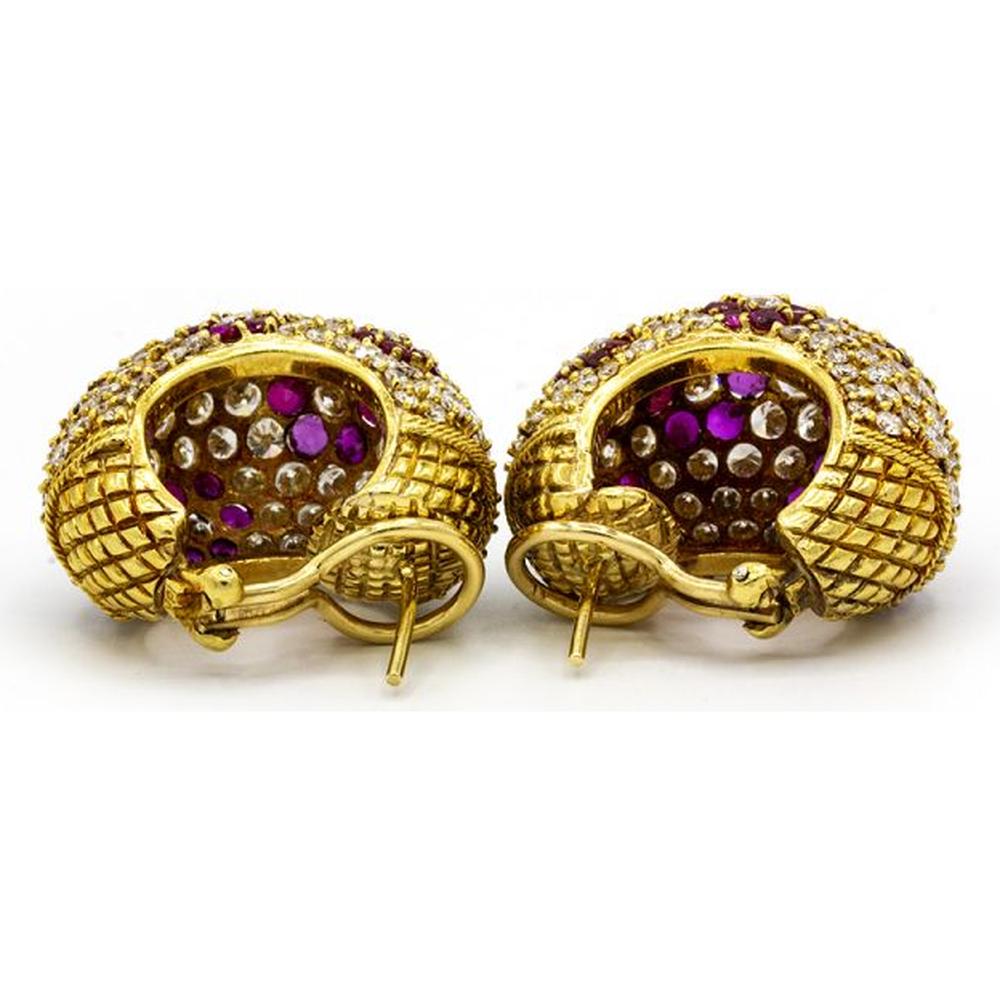 18K Yellow Gold Pave Hoop Earrings with 15 Carats of Diamonds and Rubies