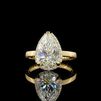 18K Yellow Gold Pear Shape Halo Ring with 3.02 Carat E VVS2 Lab Diamond Center and 0.81 Carat Brilliant Cut Lab Diamond Halo - 3.83 Carat Total Diamond Weight - Covaloro Fine Jewelry