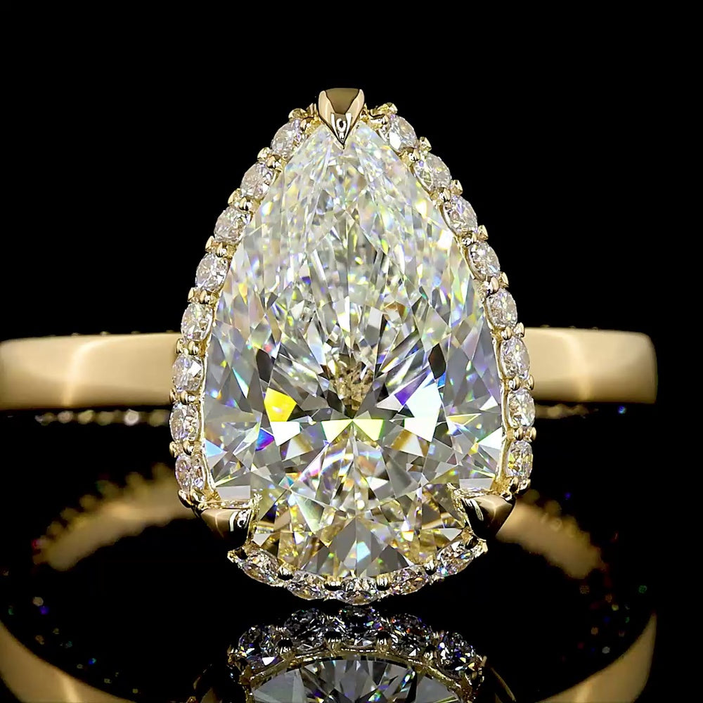 18K Yellow Gold Pear Shape Halo Ring with 3.02 Carat E VVS2 Lab Diamond Center and 0.81 Carat Brilliant Cut Lab Diamond Halo - 3.83 Carat Total Diamond Weight - Covaloro Fine Jewelry