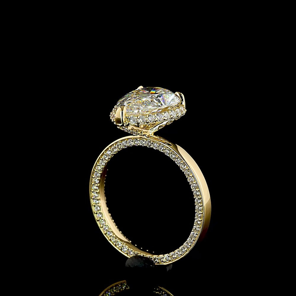 18K Yellow Gold Pear Shape Halo Ring with 3.02 Carat E VVS2 Lab Diamond Center and 0.81 Carat Brilliant Cut Lab Diamond Halo - 3.83 Carat Total Diamond Weight - Covaloro Fine Jewelry