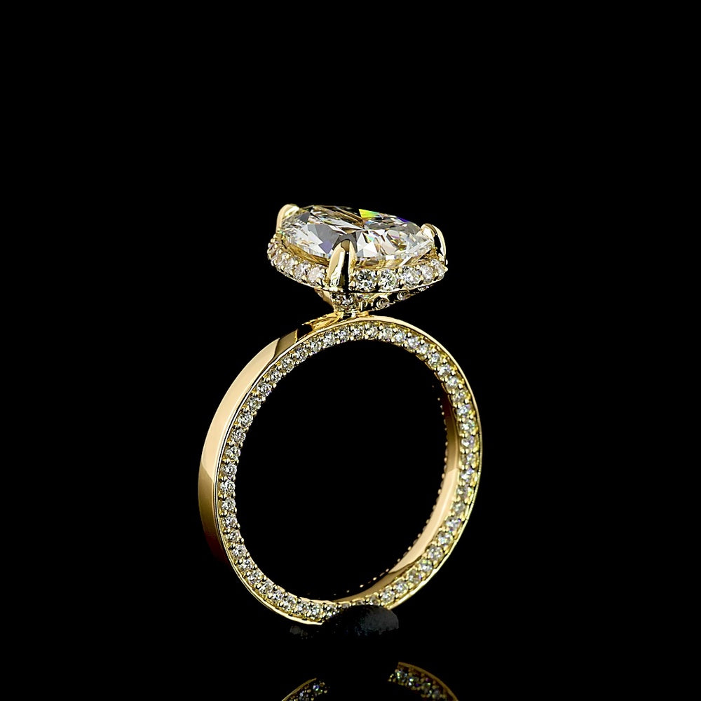 18K Yellow Gold Pear Shape Halo Ring with 3.02 Carat E VVS2 Lab Diamond Center and 0.81 Carat Brilliant Cut Lab Diamond Halo - 3.83 Carat Total Diamond Weight - Covaloro Fine Jewelry