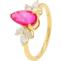 18K Yellow Gold Pear-Shaped Burma Ruby Ring with Marquise and Pear Diamond Leaf Accents - 1.17 Carat Ruby and 0.45 Carat Total Diamond Weight