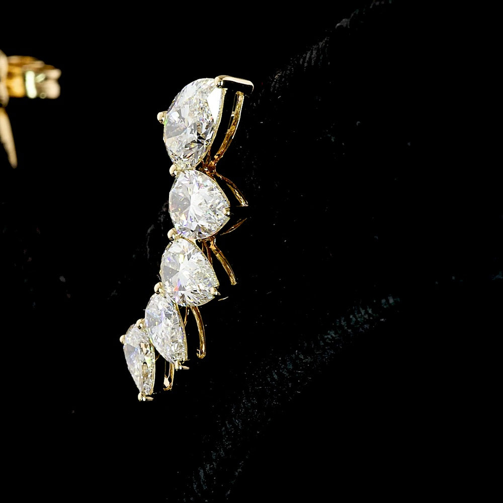 18K Yellow Gold Pear Shaped Diamond Crawler Earrings with Graduated Prong Set Lab Diamonds - 3.84 Carats Total Diamond Weight - Covaloro Fine Jewelry