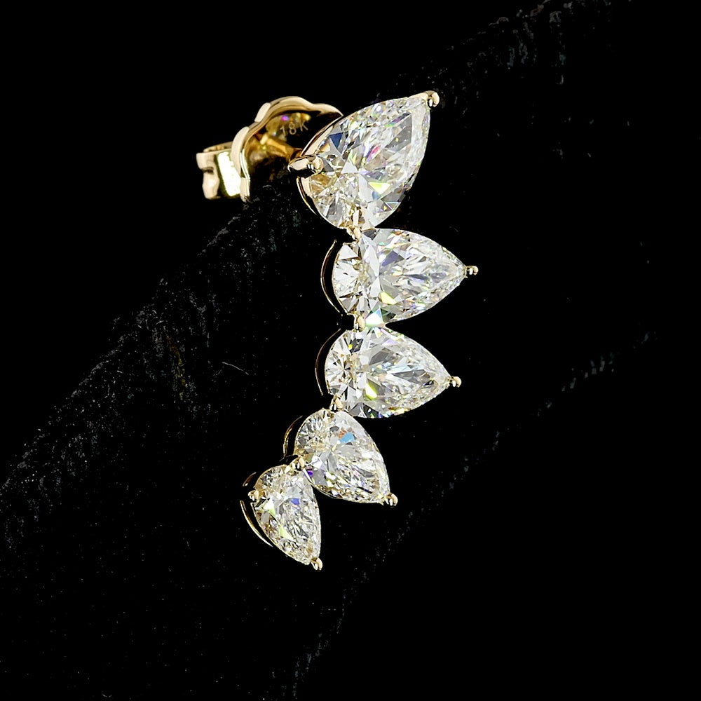 18K Yellow Gold Pear Shaped Diamond Crawler Earrings with Graduated Prong Set Lab Diamonds - 3.84 Carats Total Diamond Weight - Covaloro Fine Jewelry