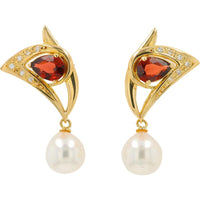 18K Yellow Gold Pear - Shaped Garnet & 7.4mm Pearl Drop Earrings with 0.10 Carat Diamond Accents
