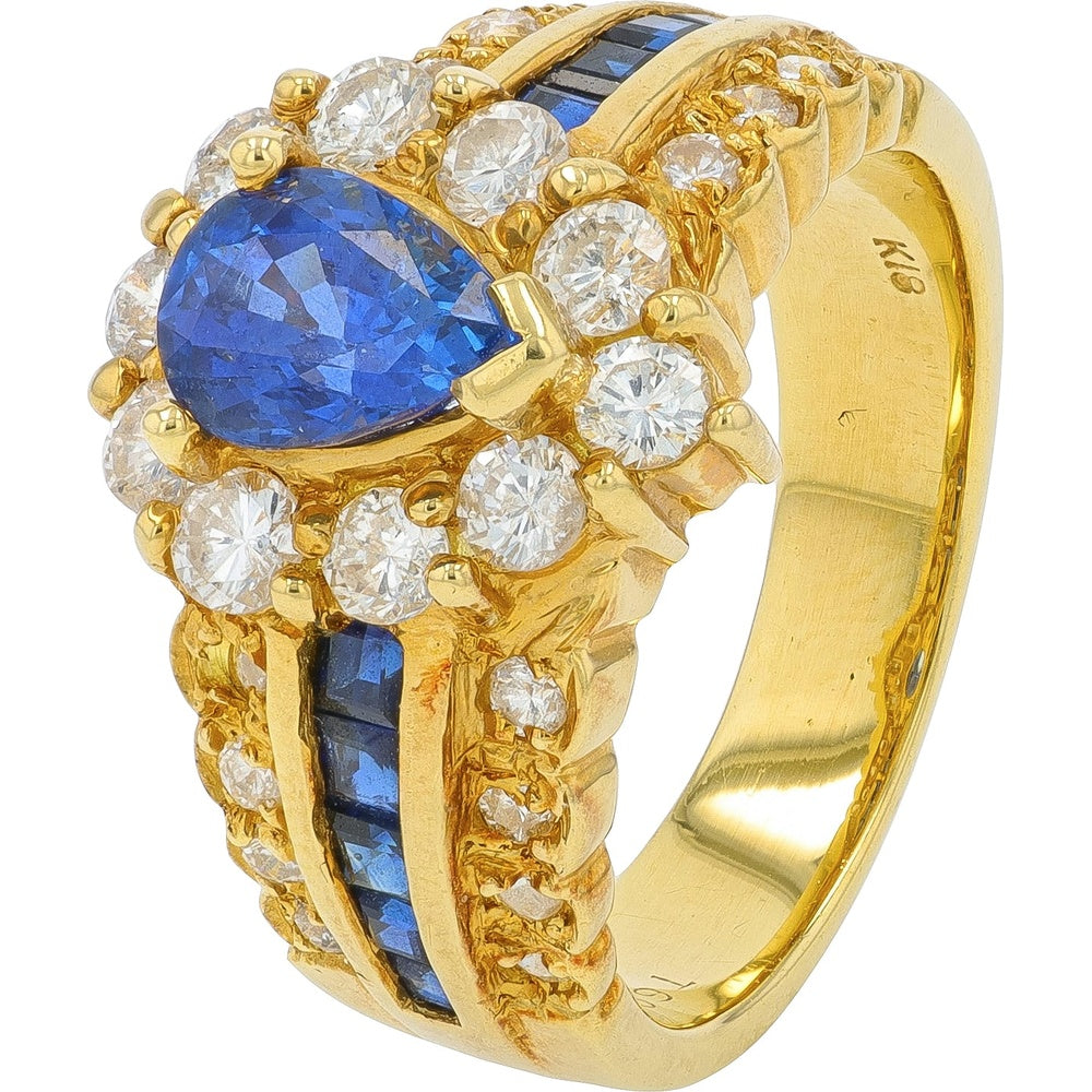 18K Yellow Gold Pear-Shaped Sapphire Ring with Diamond Halo and Channel-Set Side Sapphires - 1.26 Carat Center Sapphire, 0.91 Carat Total Diamond Weight